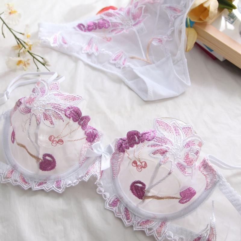 European and American Sexy Lingerie Transparent Mesh Embroidered Bra Set