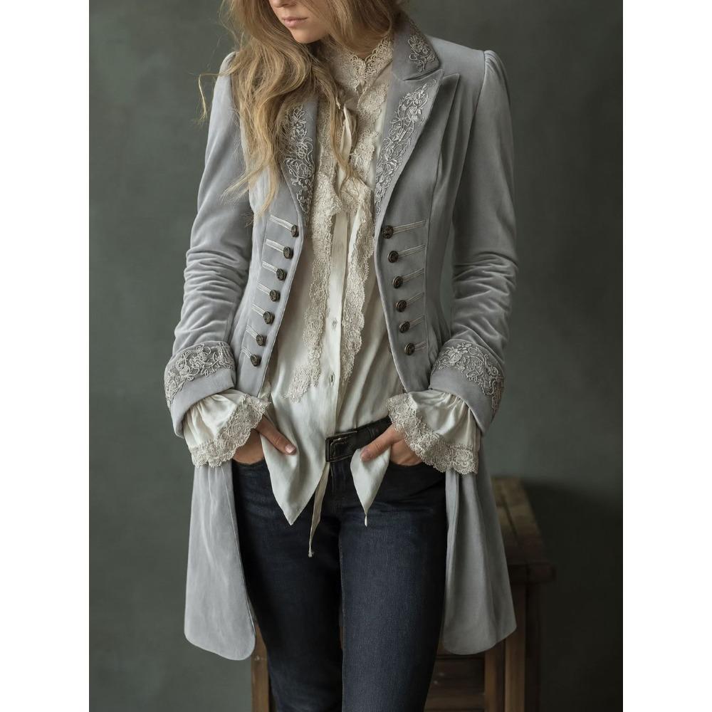 Women's Turn Down Collar Long Sleeve Blazer Regular Fit Elegant Embroidered Velvet Coat