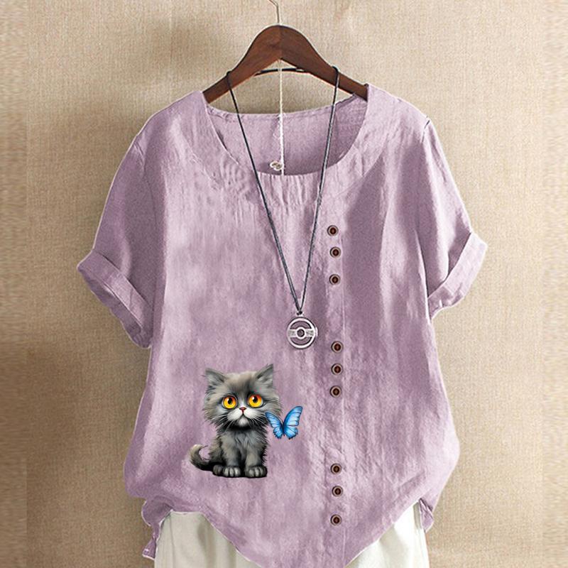 Damenmode Katzen und Interaktion Bedrucktes Kurzarm-T-Shirt Locker Baumwollhemd Lässig Locker Sommerbluse Tops Übergröße