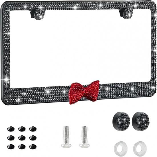 Bling License Plate Frame For Women - Sparkly Diamond Car Tag Cover With Rhinestone Crystals & Gift Bow, Stainless Steel Luxury Car Accessories For