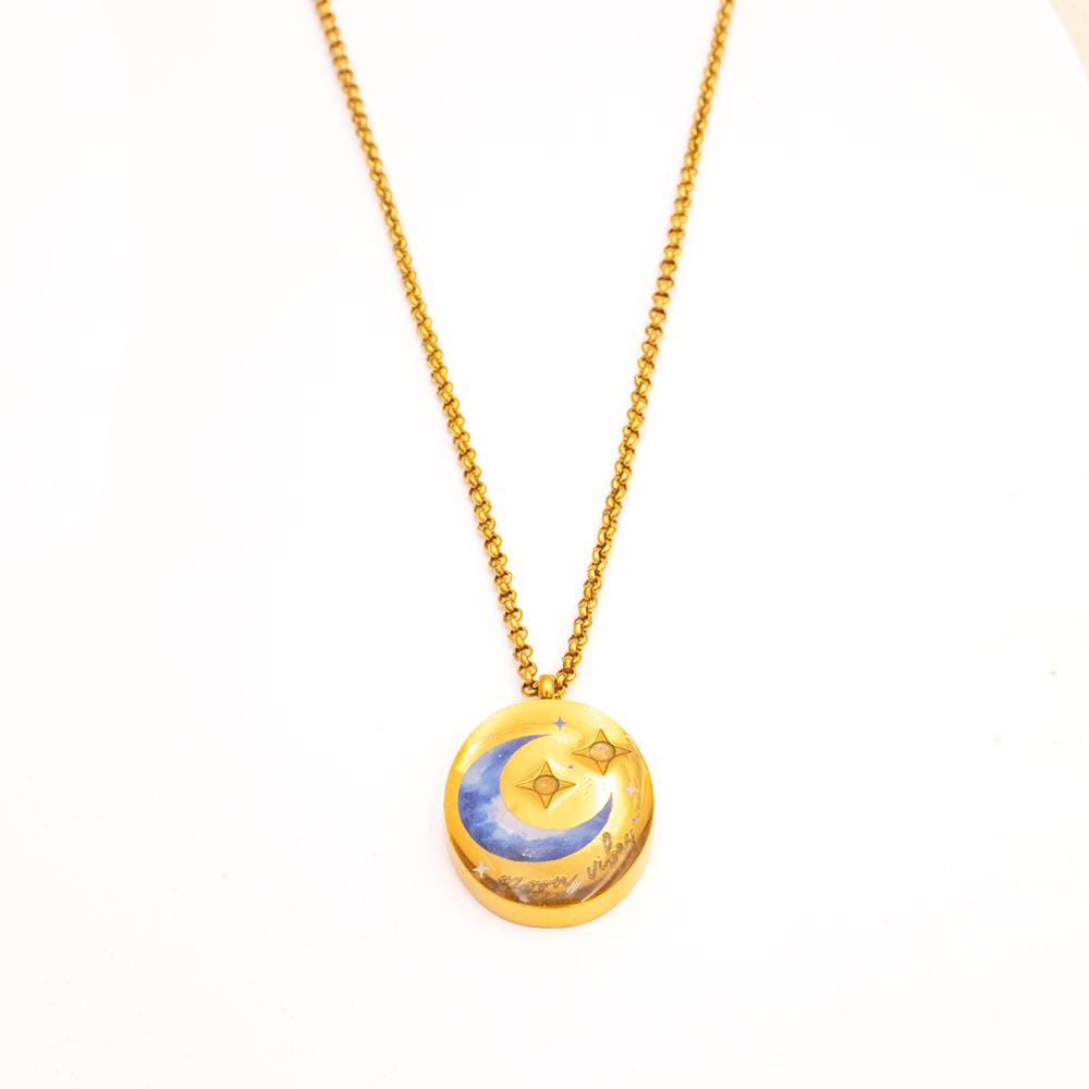 Minimalism Style Gold Color Titanium Steel Round Pendant Bead Chain Necklace Unisex Jewelry Accessories