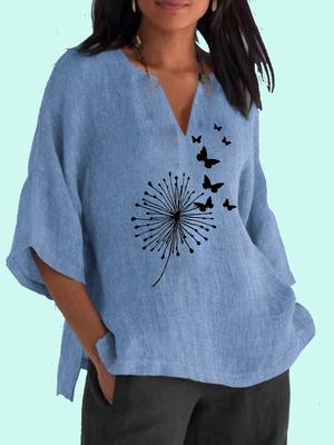 Women Fashion Print 3/4 Long Sleeve Shirt Casual V Collar Top Ladies Loose Cotton Linen Blouse