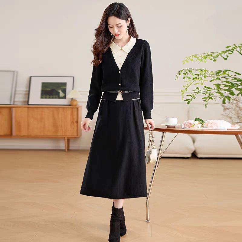 2025 New Autumn & Winter Two-Piece Knitted Patchwork Wool Dress Set - Chic & Stylish