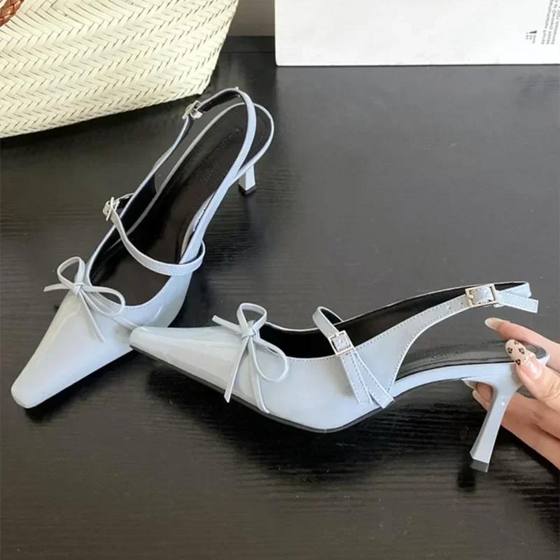 Fashion Sweet Bow Decorative High Heels Women Summer Sexy Pointed Toe Back Buckle High-heeled Sandals Elegant Shallow Banquet Dress Shoe