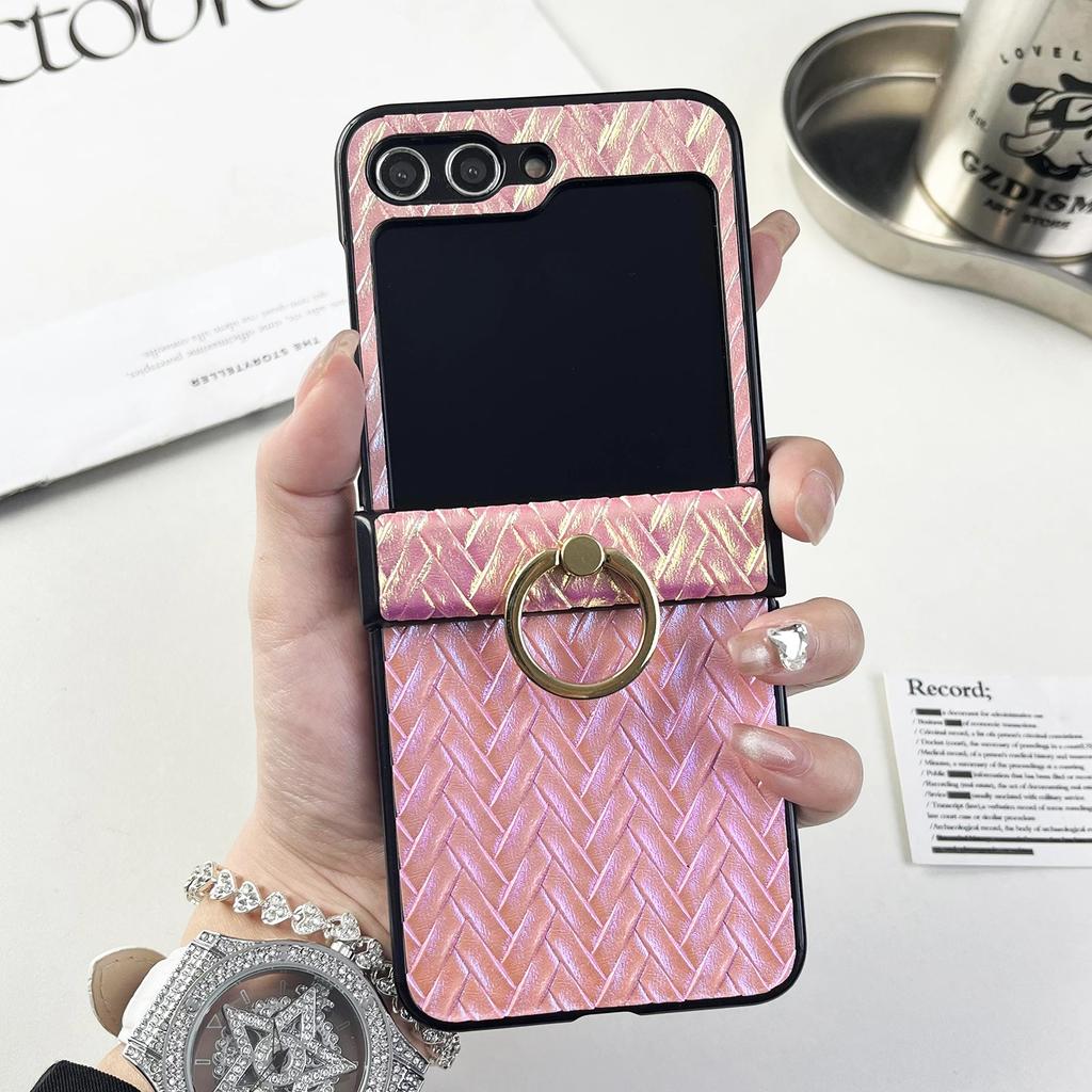 Ring Holder Weave Leather Plastic Phone Case for Samsung Galaxy Z Flip 6 5 4 3 Flip6 Flip4 Flip5 Hard Shell Shockproof Cover