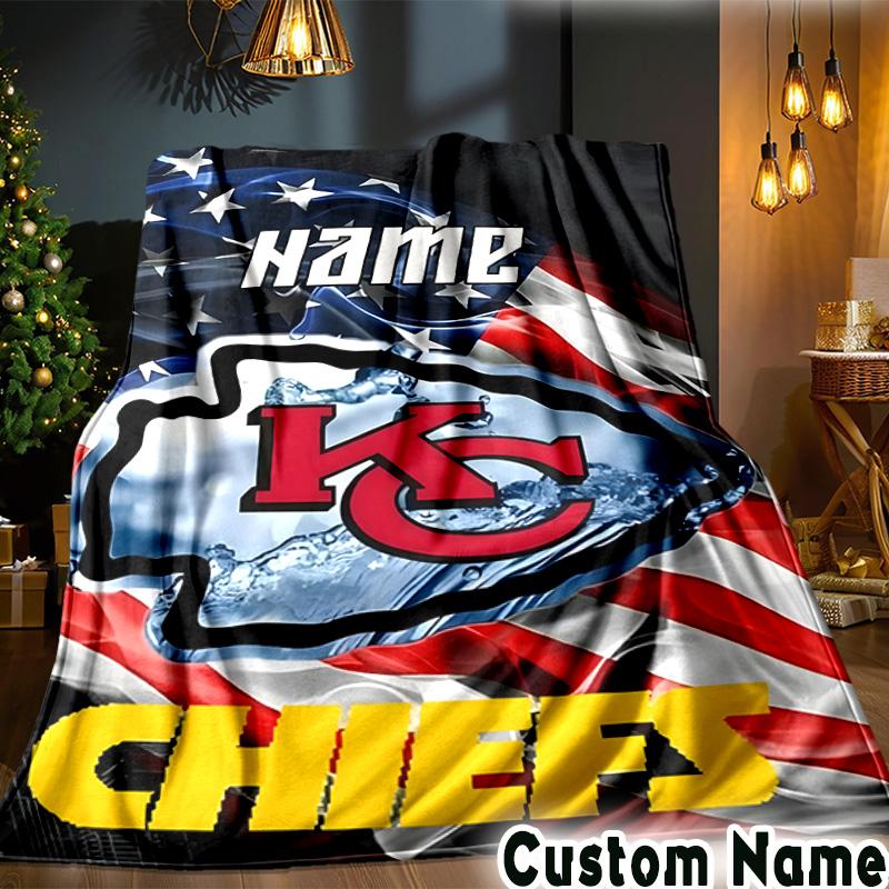 Custom Name Kansas City Chiefs Logo Throws Blanket Flannel Blankets for Couch Bed Gifts for Men Women Picnic Blanket Christmas Fan Gifts