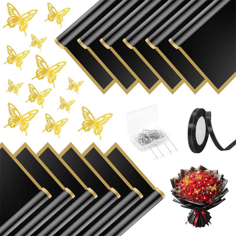 

133Pcs/Pack Black Golden Border Rose Flower Wrapping Paper Korean Style Gift Wrap Florist Bouquet Wrapping Paper For Valentine S чёрный