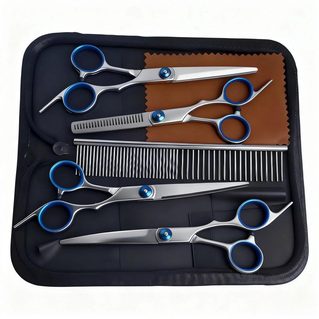 Portable Pet Grooming Scissor Set: Flat & Curved Hairdressing Tools