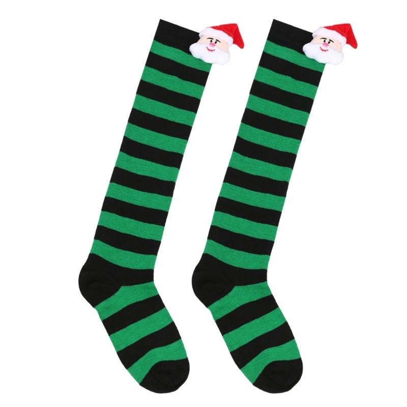 Cartoon Santa Christmas Stockings for 6-10Y Children Over the Knee Socks for Little Girls Unisex Winter Striped Socks