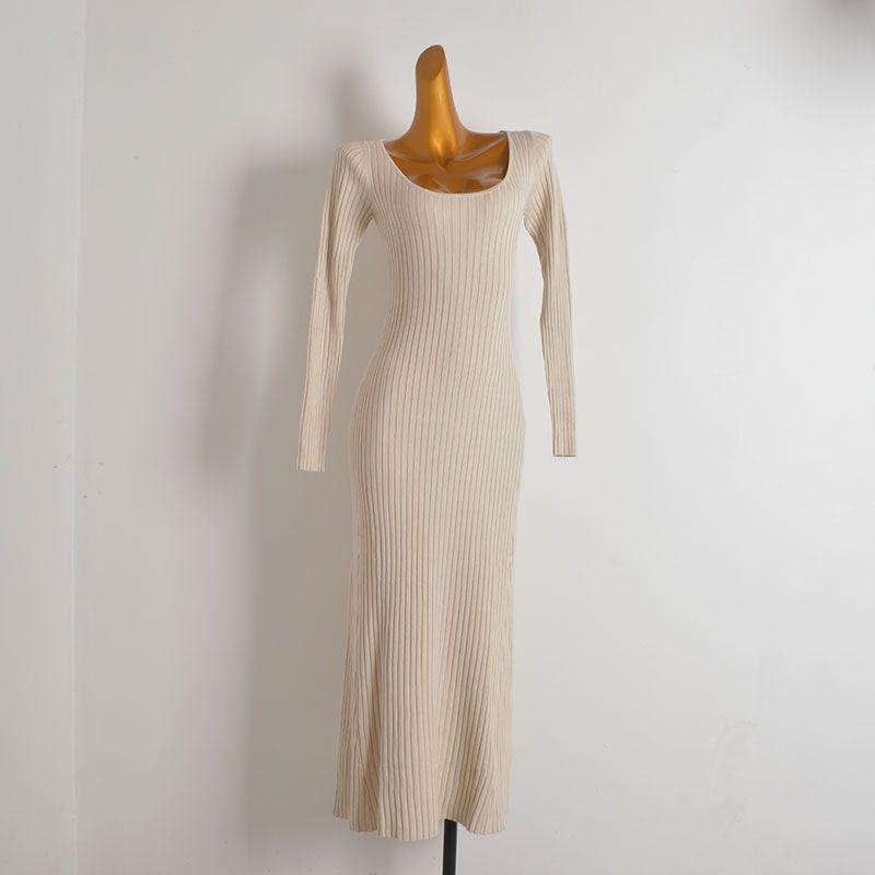 Export Single Fashion Style Sexy round Neck Sunken Stripe Long Sleeves Knitting Dress Women's Clothing Spring and Autumn Slim Fit Fishtail Dress