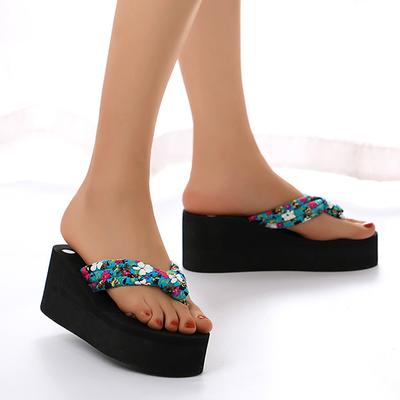 Heiße Damenschuhe Sommer Feenstil Sandalen Damen Keilabsatz Dicke Sohle Florale Flip-Flops Strand Flip-Flops Zapatos De Mujer