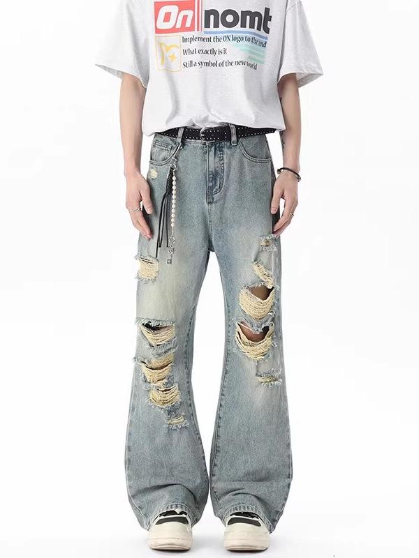 Summer thin ripped jeans men's American high street vibe style design sense niche loose retro destroyed pants