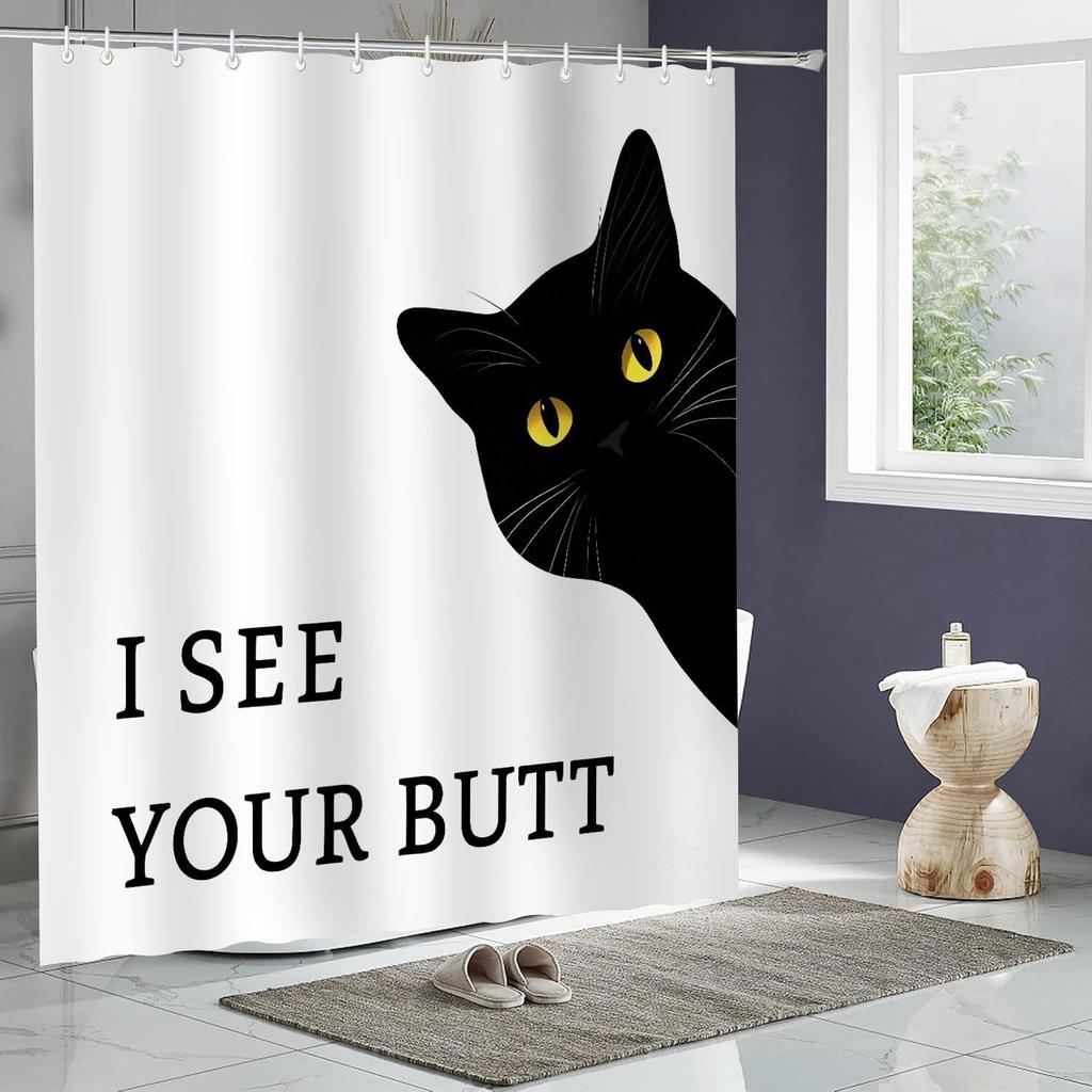 Funny Cat Shower Curtain Set Lovers for Bathroom Decor Farm Kids Bath Curtains with 12 Hooks  I See Your Butt Themed