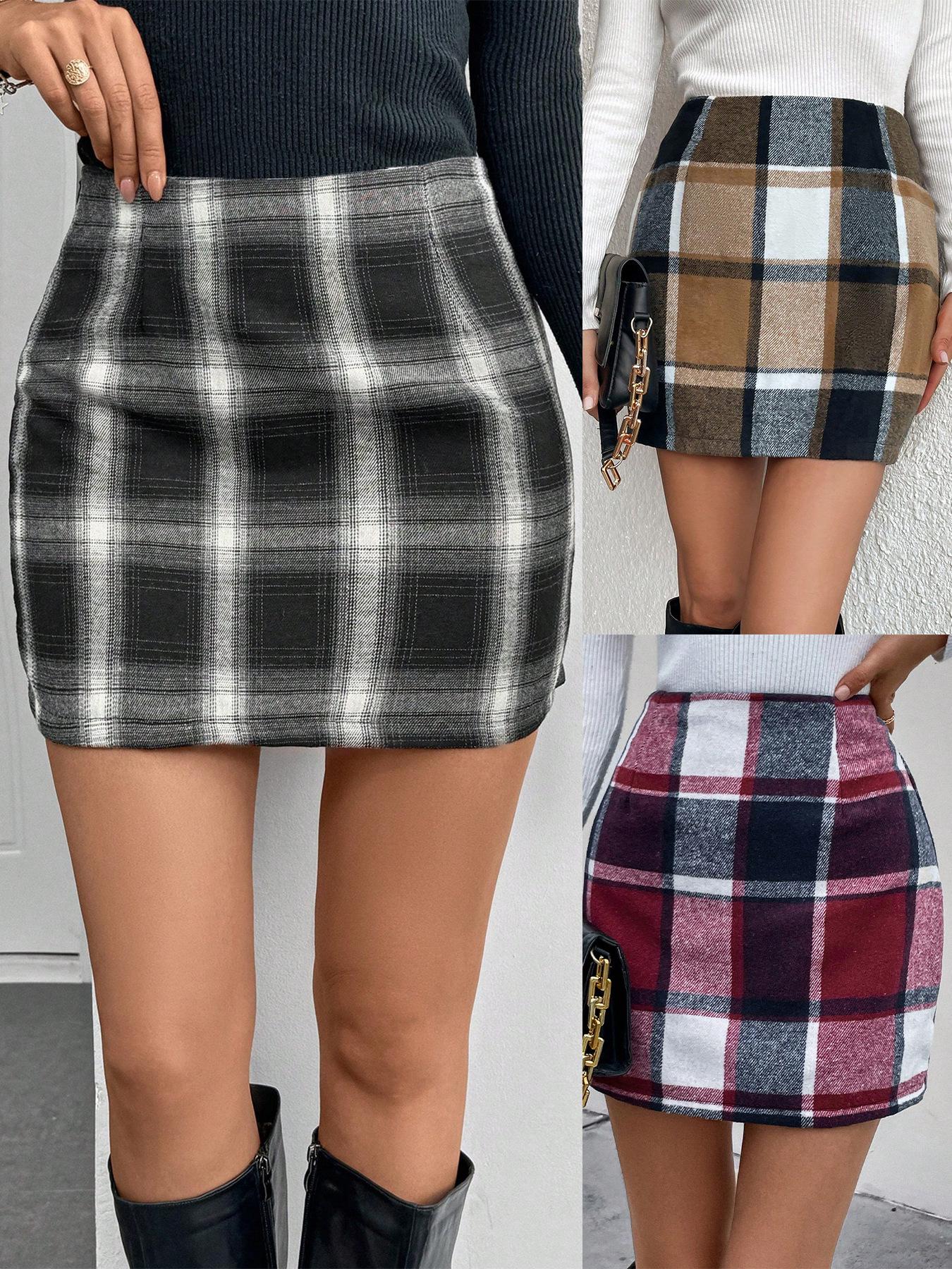 

2025 Women s Plaid High-Waisted Pencil Skirt - Autumn/Winter Bodycon Knee-Length Midi Skirt M светло-коричневого