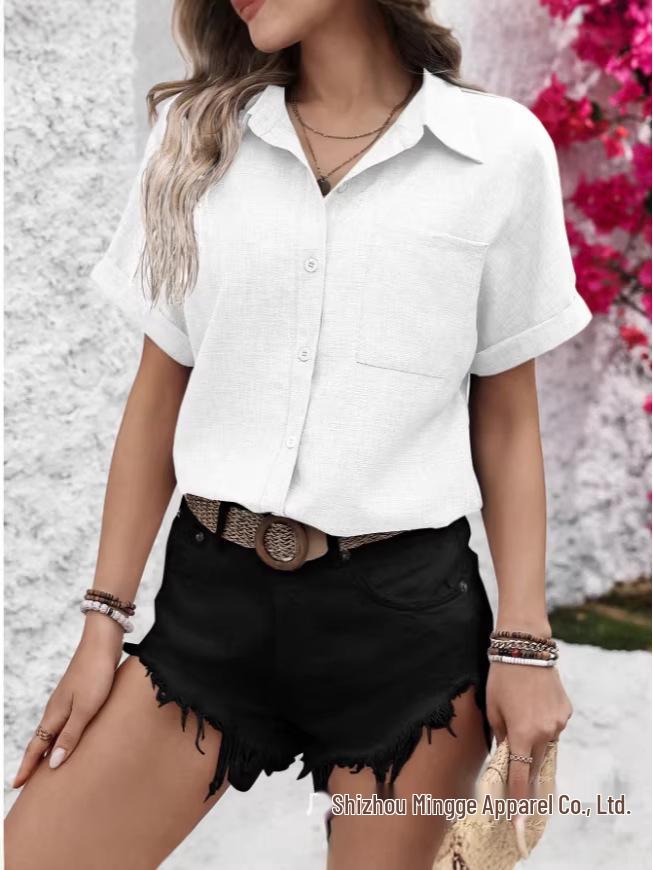 Women's Casual Pure Cotton Lapel Short Sleeve Shirt with Pocket