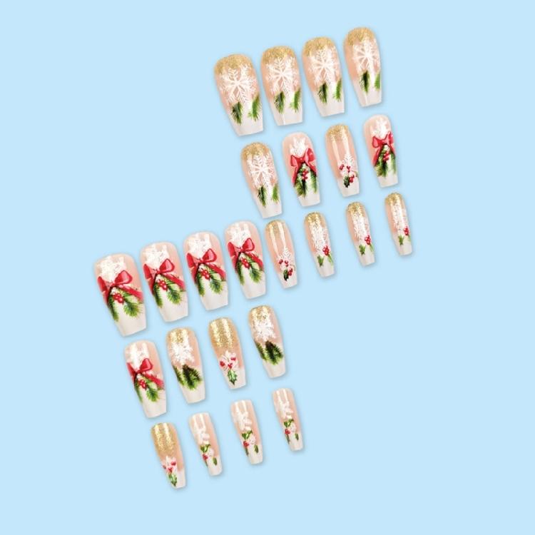24PCS Artificial Nail Winter Snowflake Bows Design Artificial Nail For Professional Daily Use Manicure Fingernails