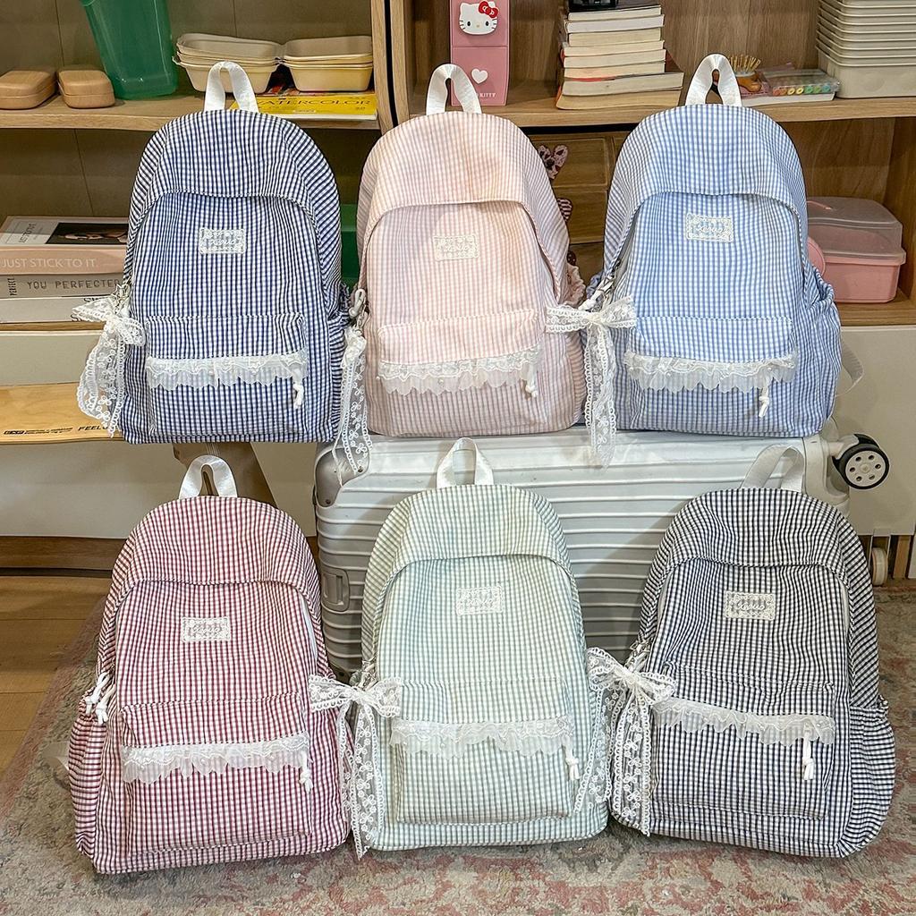 Schoolbag Harajuku ins wind female middle school student schoolbag female plaid lightweight backpack high value lace versatile backpack