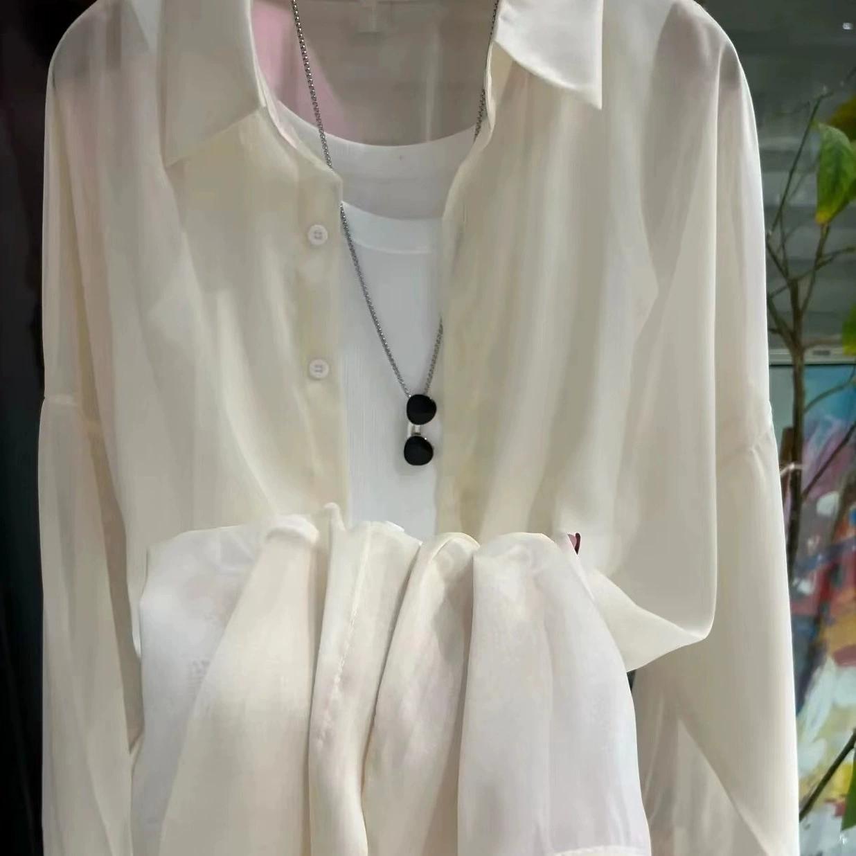 

Pearlescent Bright Yarn Female s Summer Design Sense Thin, Slightly Transparent Long Sleeved Chic Casual Loose Shirt One Size абрикосовый