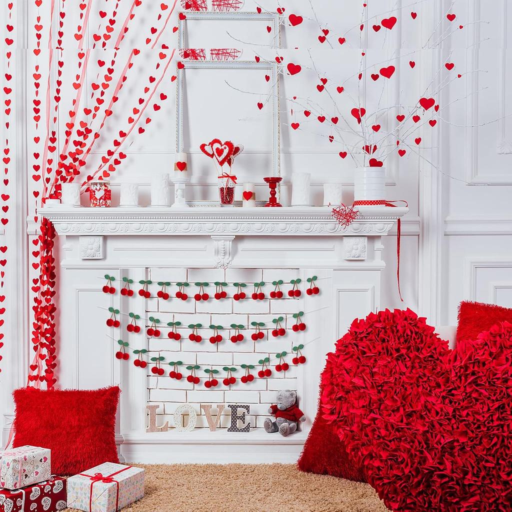 Jexine 3 Pieces Cherry Garland Decor Summer Cherries Party Decoration Pom Pom Felt Bunting Banner 6.6 Ft Colorful DIY Fruit Hanging Ornaments for