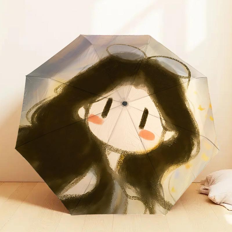 Charming Cartoon Girl with Bowknot - Umbrella Design for Outdoor Adventures, Auto-Opening Protection, Lightweight and Durable Travel Accessory 184