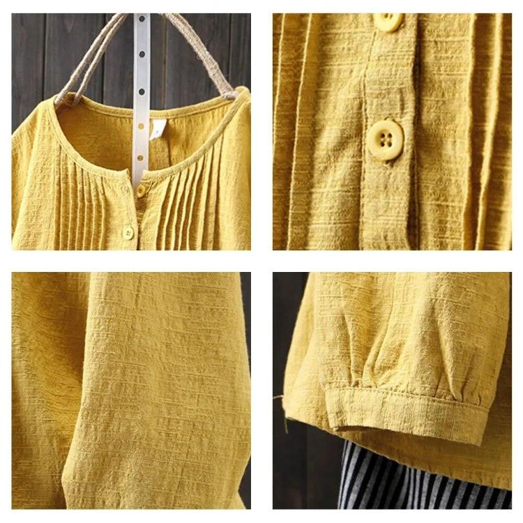 Women's Casual Loose Long Sleeve O-Neck Shirt Autumn Cotton Linen Top Retro Harajuku Solid Color All-match Large Size Blouse