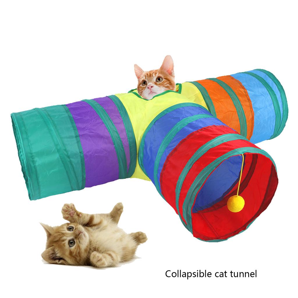 Cat 3 Way Tunnel Interactive Rainbow Collapsible Cat Tube with Play Ball for Cats Kittens