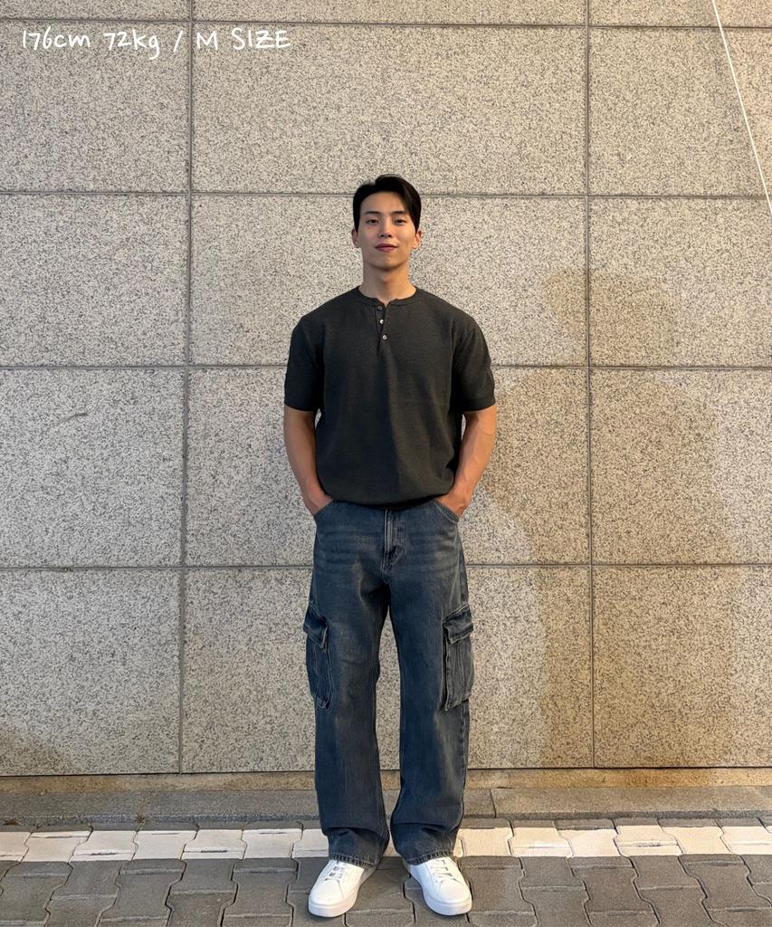 CUZNELLO Cool Cotton Henley Neck Short Sleeve Knit_Charcoal