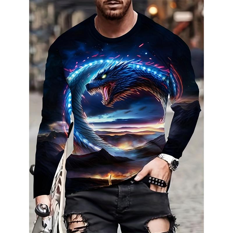 Camiseta Antigua China con Patrón de Dragón Loong para Hombre Camisetas Frescas con Estampado 3D de Dragón Mangas Largas Casuales Camisetas Unisex Tops Holgados de Cuello Redondo