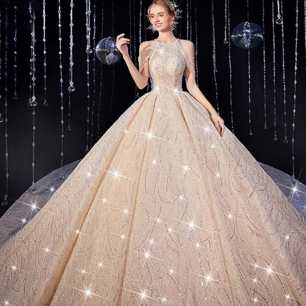 French Vintage Wedding Dress - Luxe Princess Ball Gown with Heavy Embroidery, Cathedral Train Bridal Dress