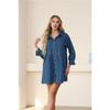 Women Denim Shirt Dress Lapel Collar Button Down Puff 3/4 Sleeve Ruffle Cuff Loose A Line Mini Dress Casual Daily Outfit