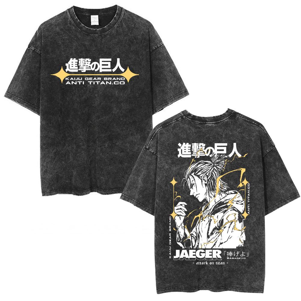 Anime Attack on Titan Washed T Shirt Men Cotton Casual Short Sleeve T-shirt Manga Levi Ackerman Oversized T-shirts Streetwear