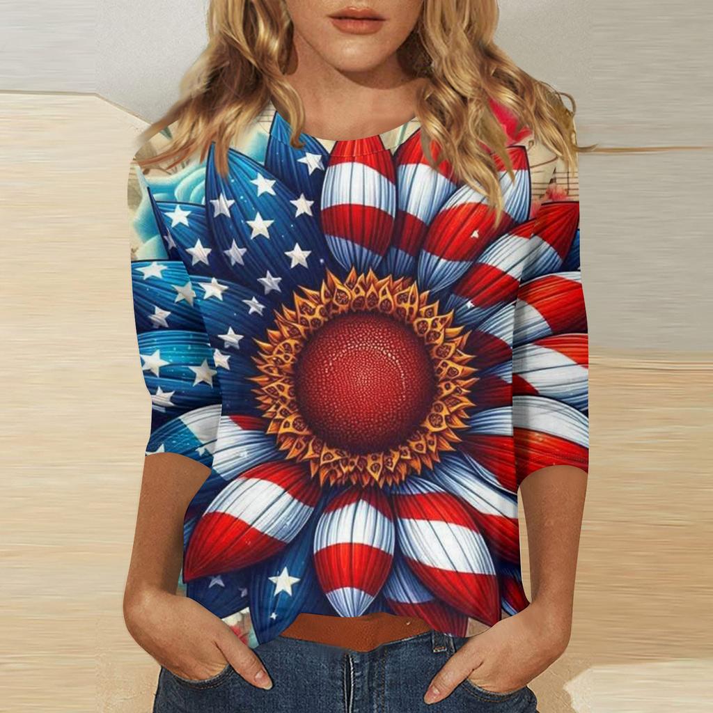 Women's Independence Day Print Round Neck Seven-Eighths Sleeve Top