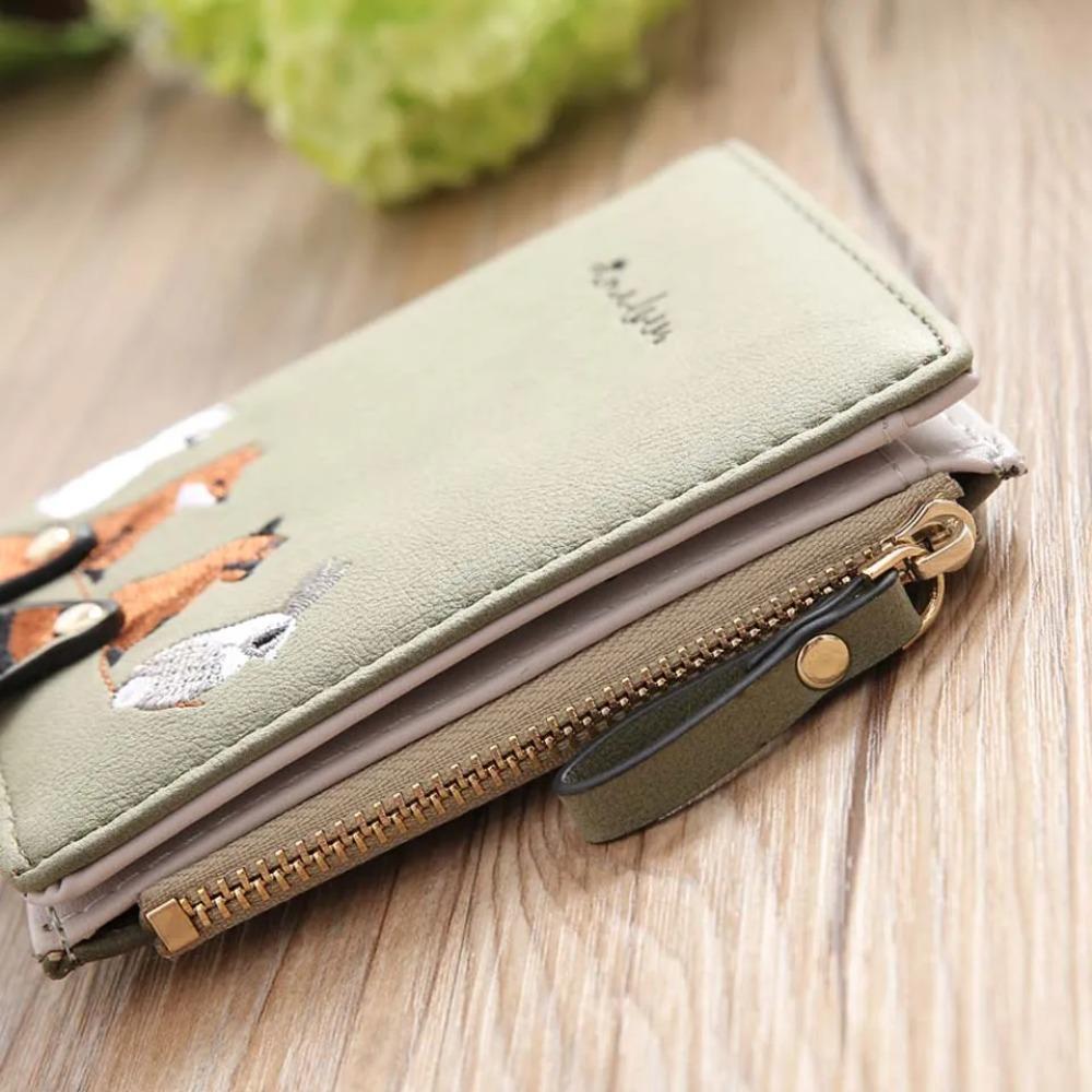 Cute Fox Embroidery Short Wallet with Zipper Mini Faux Leather Purse for Coins Cards and Daily Use for Women