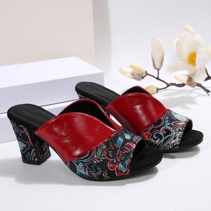 Sommer Neue Farbe Block High-Heel Sandalen Damen Runde Zehenpartie Offene Zehenpartie Ethnischer Stil Stickerei Blockabsatz Römisch Cool Drag