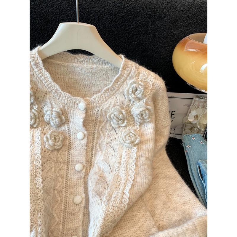 Women's 3D Flower Knit Cardigan - Soft, Versatile, Hollow Out Sweater for Autumn/Winter 2026