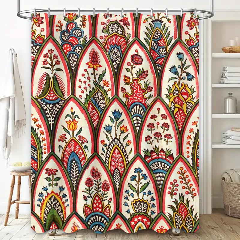 וילון מקלחת בסגנון וינטג', הדפס פרחוני, בד פוליאסטר, כיסוי אמבטיה עמיד למים, עיצוב דוגמה צבעונית (לבן/אדום/ירוק)