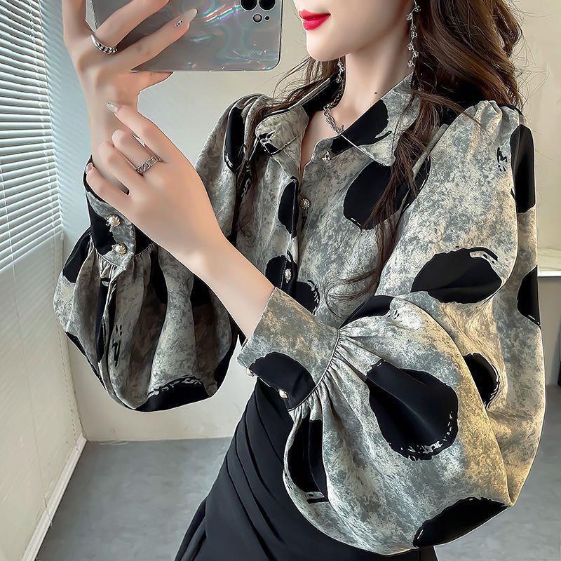 Women's Spring Loose Lantern Sleeve Top - Fashionable Niche Printed Outerwear Shirt
