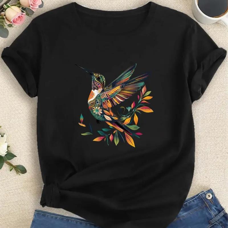 Mode Frauen Retro Kontrast Kolibri Print T Shirt Lustige Casual Oansatz Kurzen Ärmeln T-shirt Sommer Weibliche T-Shirt