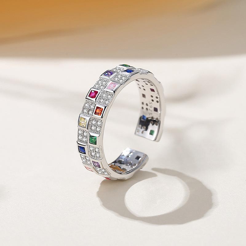 Chessboard Plaid Rainbow Ring Female Light Luxury Minority Design Ins Style Fashion Personality High-Grade Sense S925 Sterling Silver Ring
