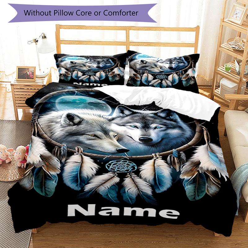 3pcs Custom Name Wolf Bedding Set Duvet Cover Closure Includes 1 Duvet Cover & 2 Pillowcases, Soft and Comfortable for All Seasons.