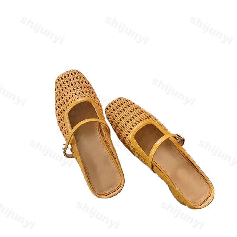 Fashion Women Slippers 2025 Summer Square Toe Retro Comfortable Breathable Half-slippers Flat Ballet Shoes Mary Jane Femme Zapatillas