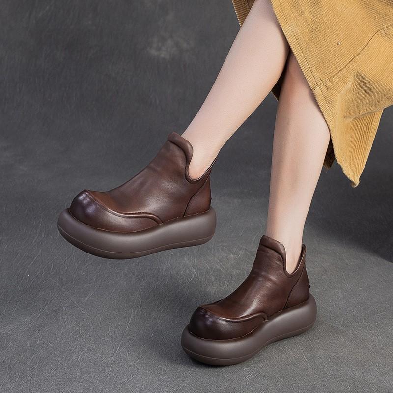 Fashion GKTINOO 2025 Autumn New Genuine Leather Thick Soled Ankle Boots Retro Round Toe Height Increasing Women's Platform Shoes