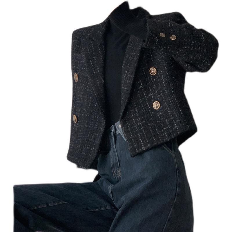New Arrival! Autumn and Winter Black Short Suit Jacket for Women with Small Stature and Thick Woolen Fabric, Trendy Loose Casual Blazer Coat