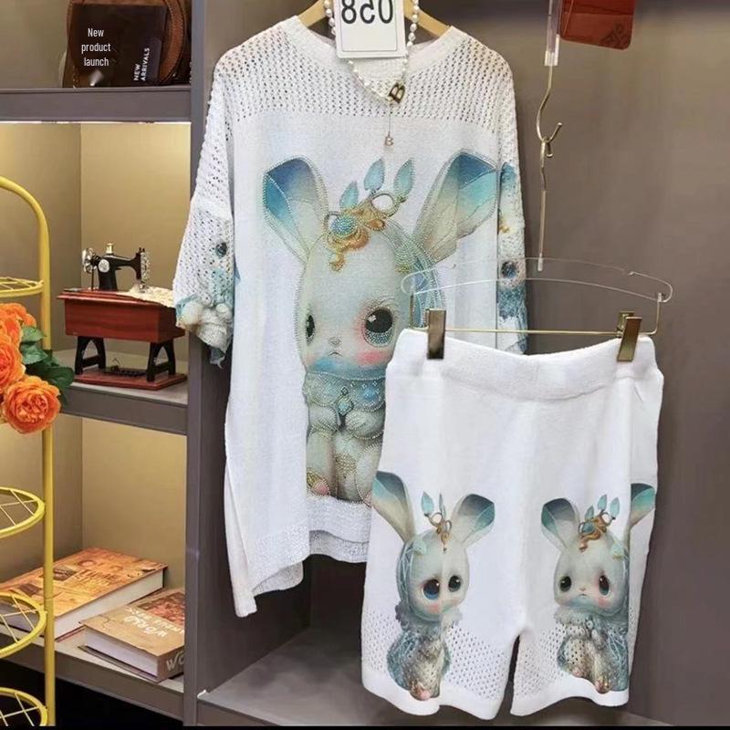 

Летний трендовый вязаный комплект из двух предметов с эльфом-кроликом: Женский стройнящий, свободный, омолаживающий наряд One Size