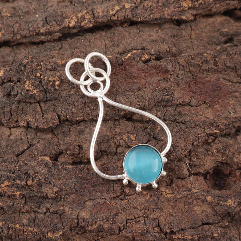 Blue Cat'S Eye Stone Birthday Wife Gift New Pendant Jewelry 925 Sterling Silver PP-40-46