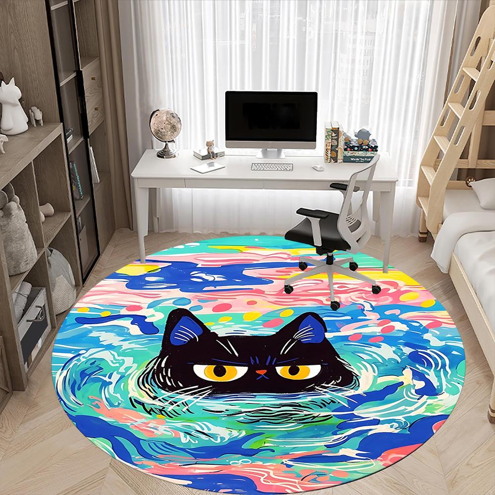 1PC Cat Swimming Office Round Rug, Non Slip, Soft and Durable Office Rug for Interior Decoration, Perfect for Office