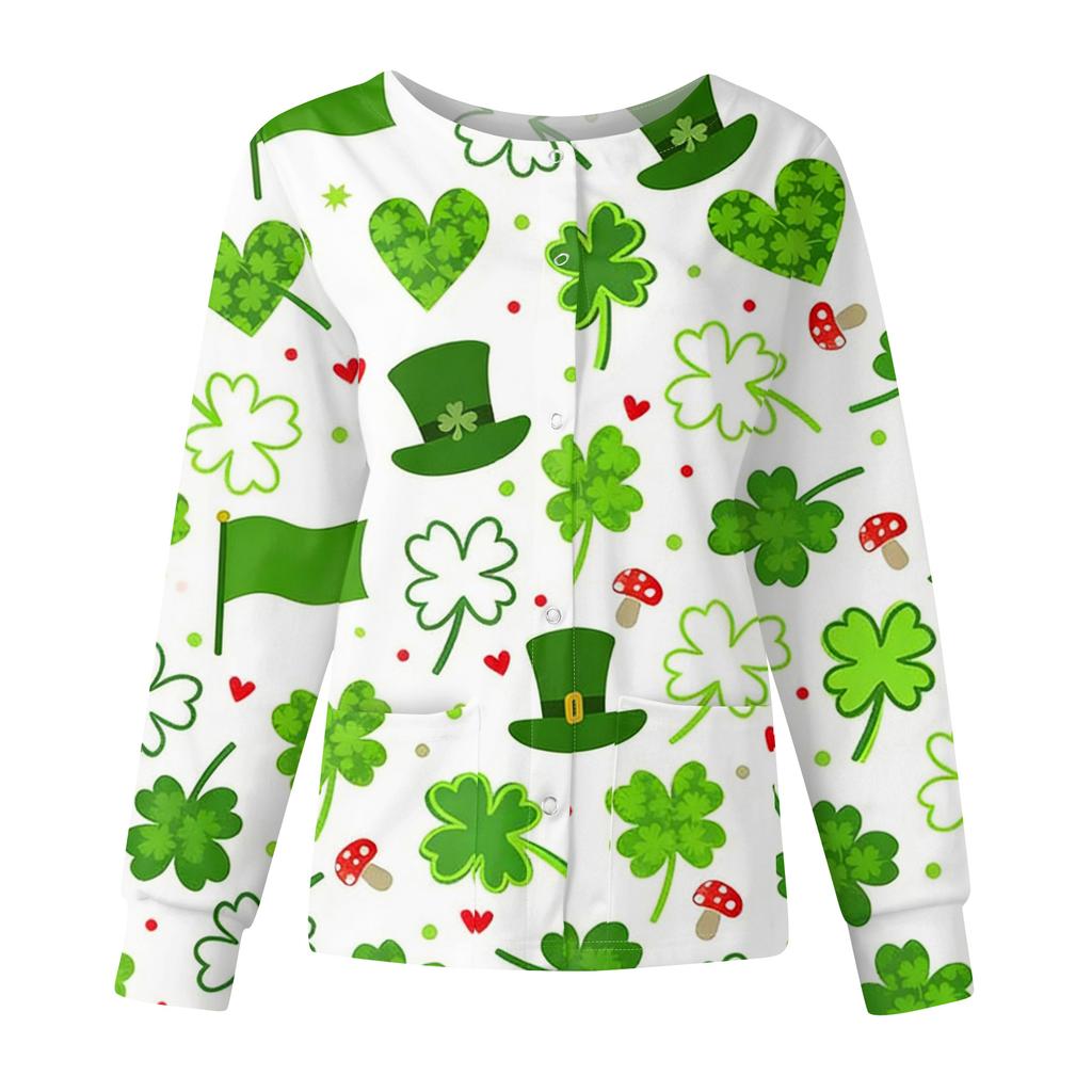 Damen Casual Mode Langarm Stehkragen Einreiher St. Patrick's Day Print Arbeitsjacke Tops