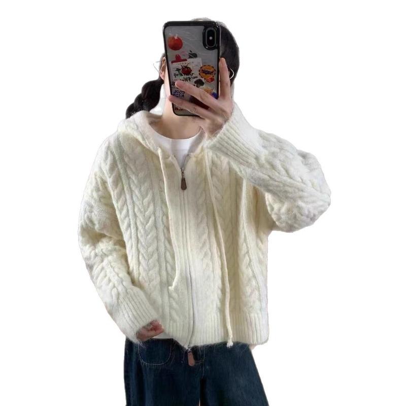 Lazy wind hooded double zipper sweater jacket women's autumn and winter new long camel hair loose twist versatile knitted cardigan
