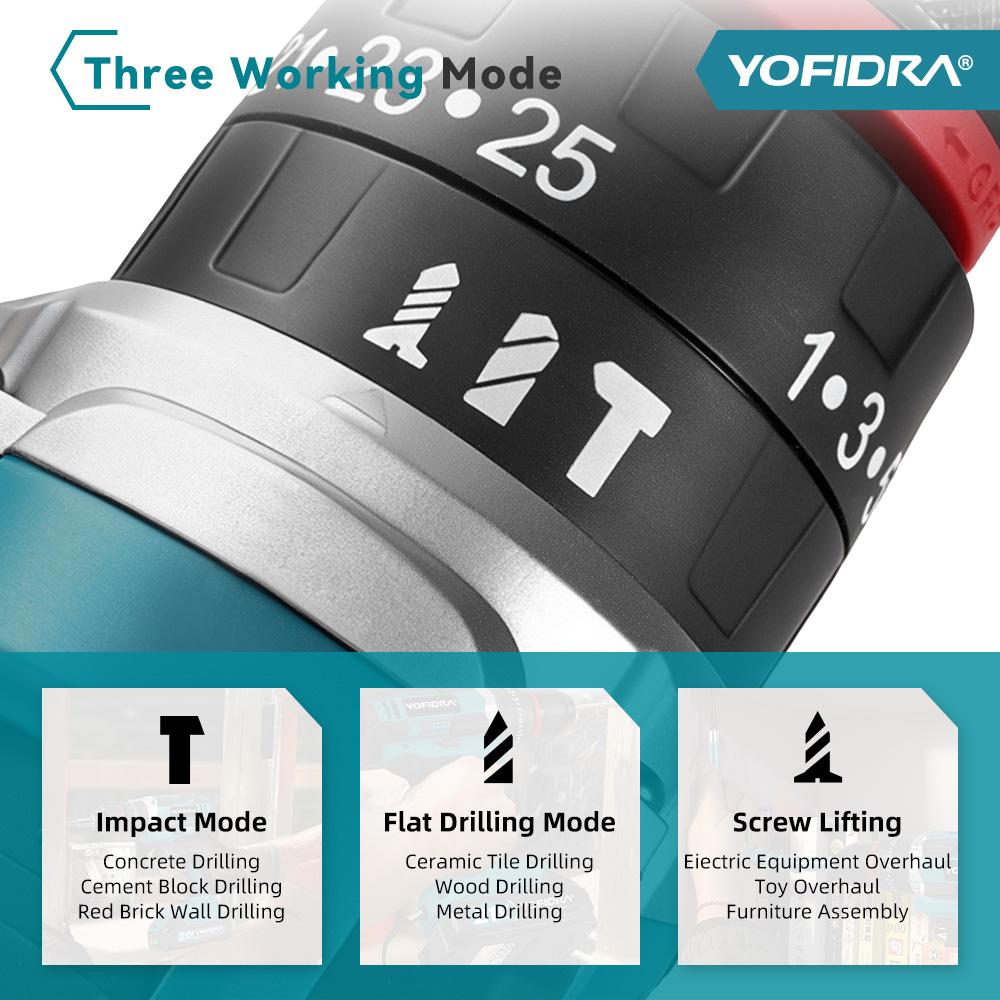 YOFIDRA 3IN1 Electric Impact Drill 25+3 Torque Handheld Cordless Impact Drill Woodworking Power Tool For Makita 21V Battery Pin