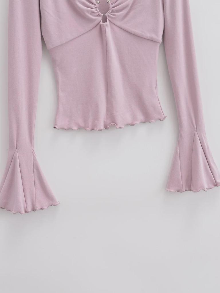 2023 Hot Girl Square Neck Metal Ring Hollow Long Sleeve Top - Sexy Clavicle Exposed Slim Fit Autumn Shirt with Flared Sleeves